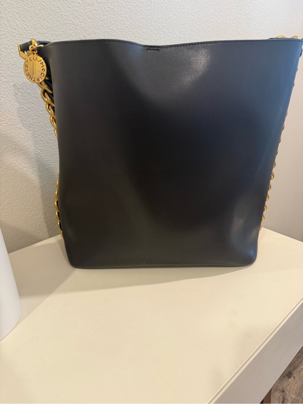 Stella McCartney Black Bucket Shoulder Bag with Gold Chain Trim